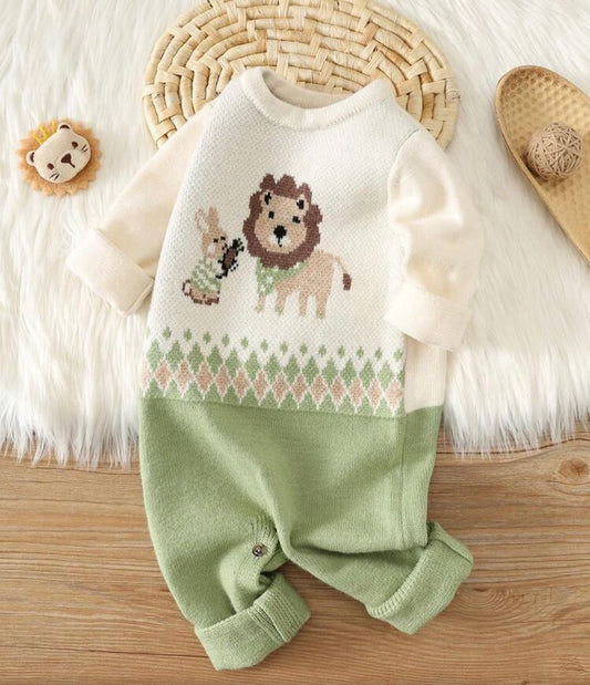Autumn/Winter Argyle Lion Pattern Sweater Romper
