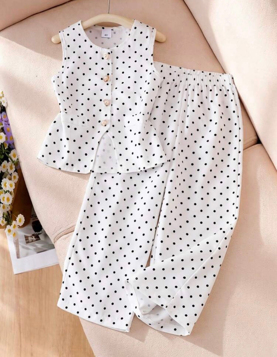 Polka Dot Print Blazer Vest And Straight Leg Pants White 2 Pieces