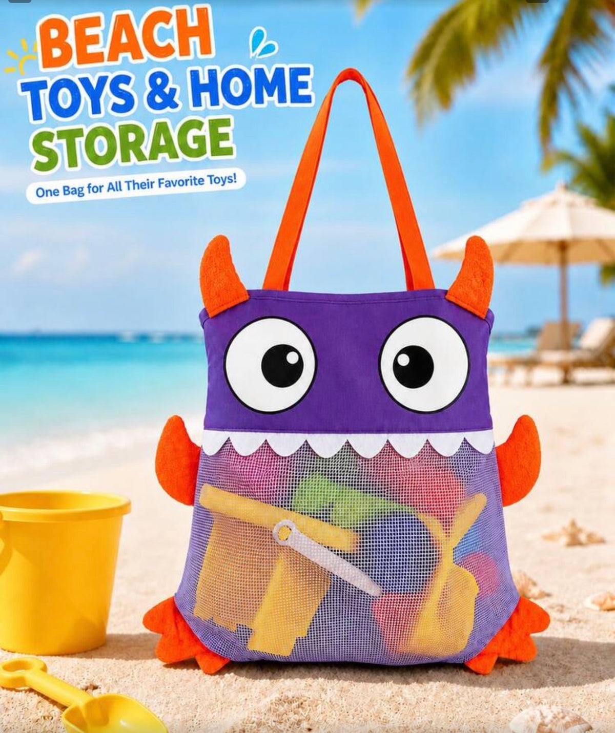 1pc Kids Beach Toy Bag, Large Foldable Mesh Tote, Cute Monster