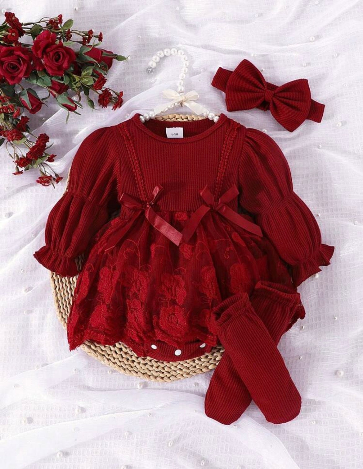 Lace Patchwork long sleeve bodysuit with hair band and socks