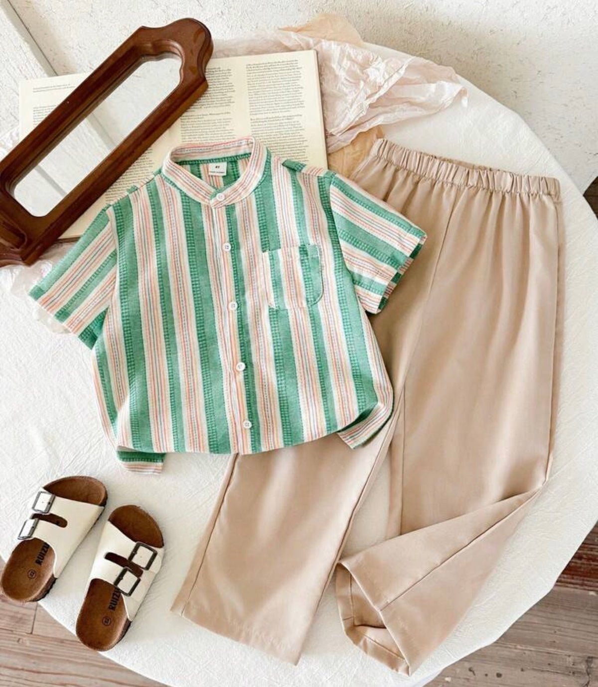 2pcs Striped Collar Patch Short Sleeve Loose Shirt And Pants Set