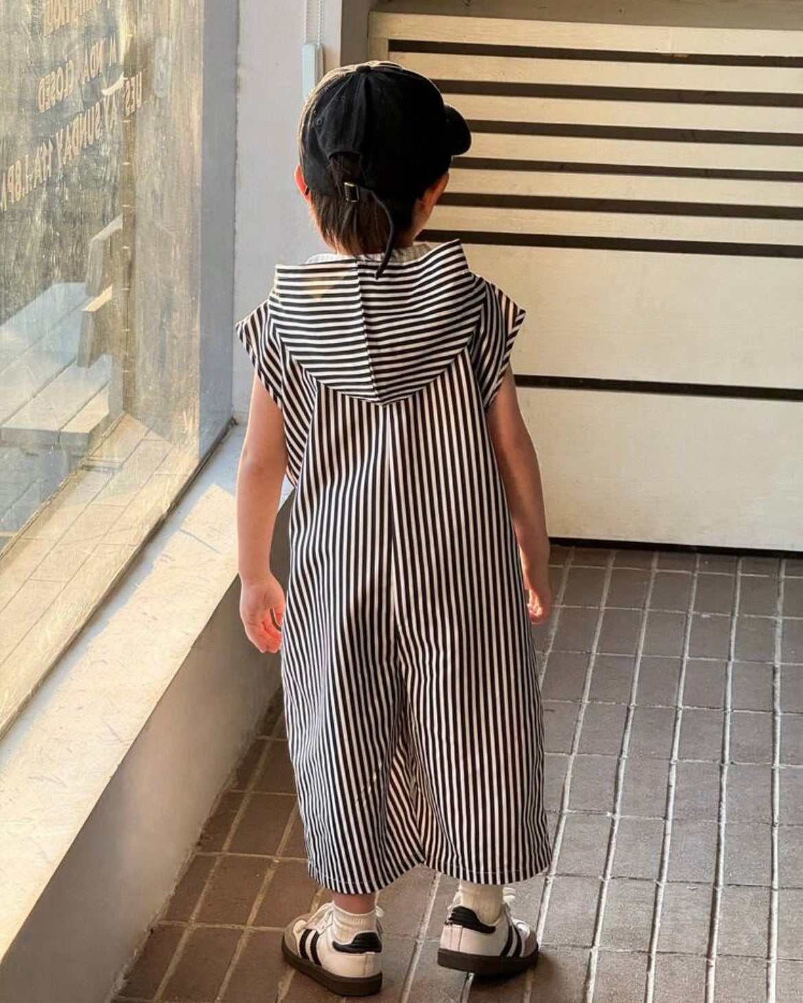 Casual Korea Style Black & White Striped Hooded Jumpsuit Striped Jumpsuit