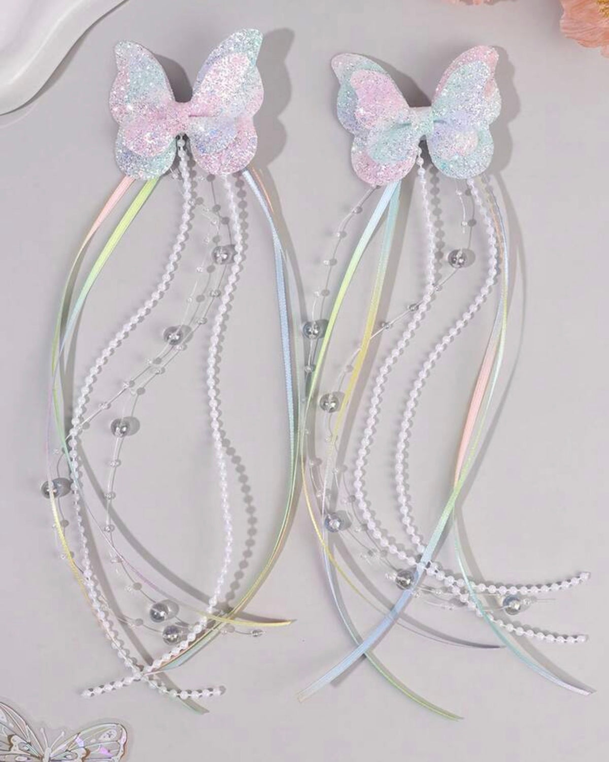 2pcs Shiny Butterfly Tassel Hair Clips