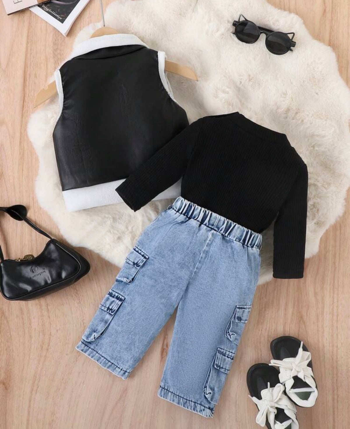 3pcs Baby Street Style Fluffy Jacket Vest Pants Set, Autumn/Winter
