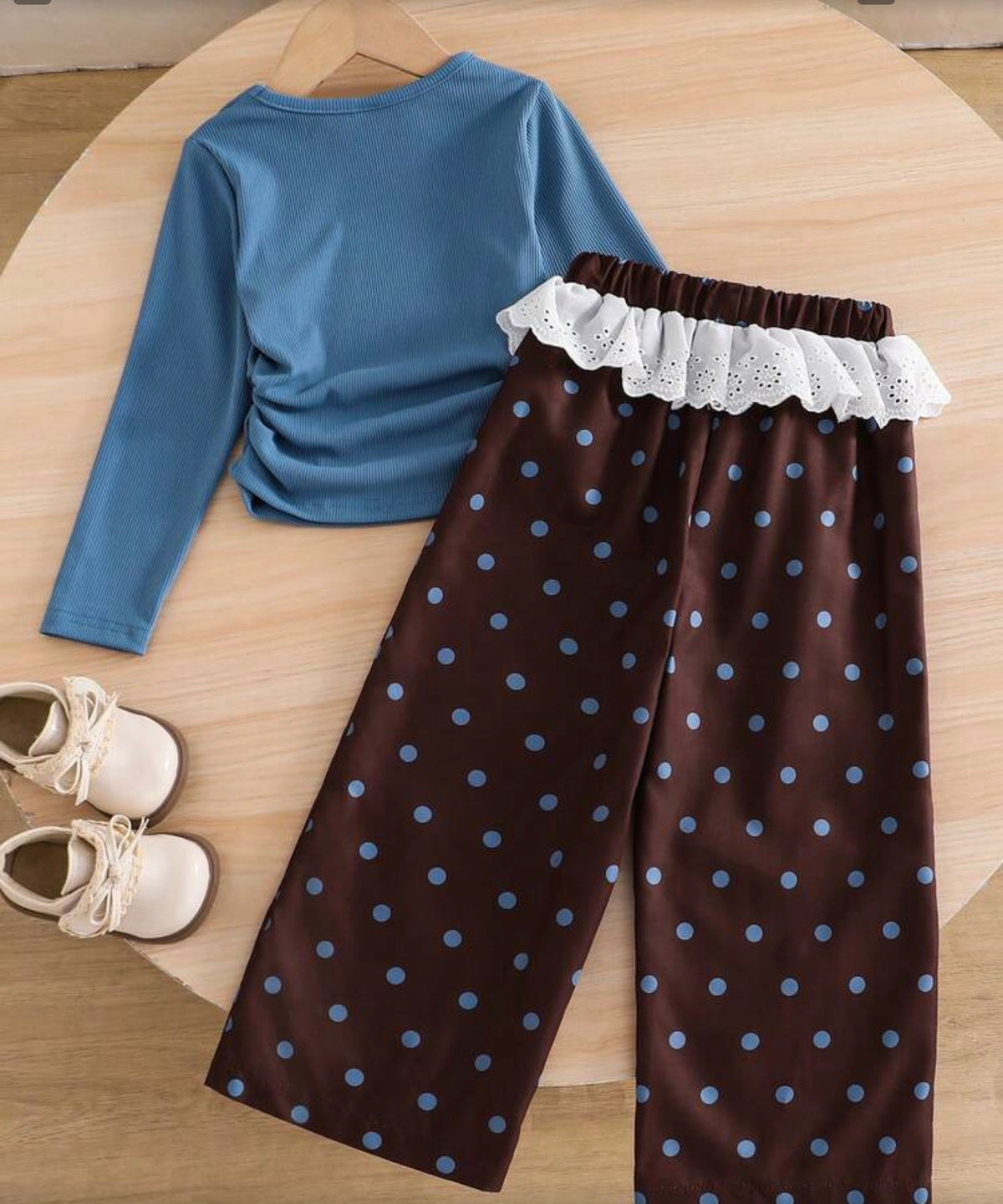 Ruched Waist Long Sleeve Top With Polka Dot Wide Leg Pants,