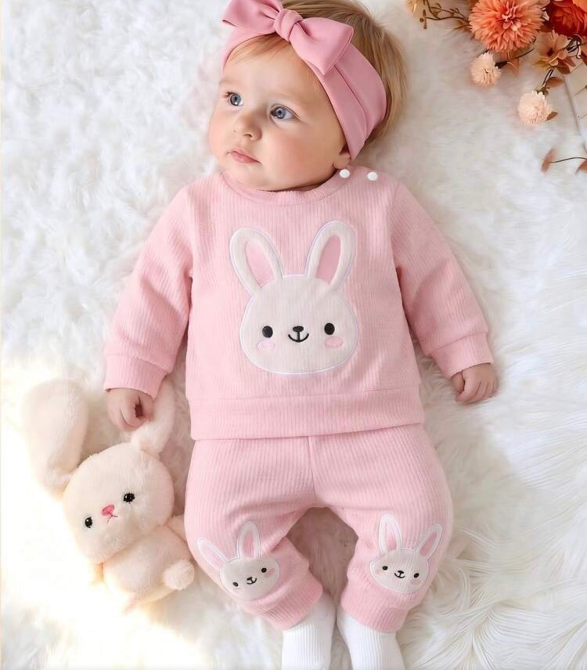 Pink Cute Rabbit Embroidered Long Sleeved Two Pieces Set