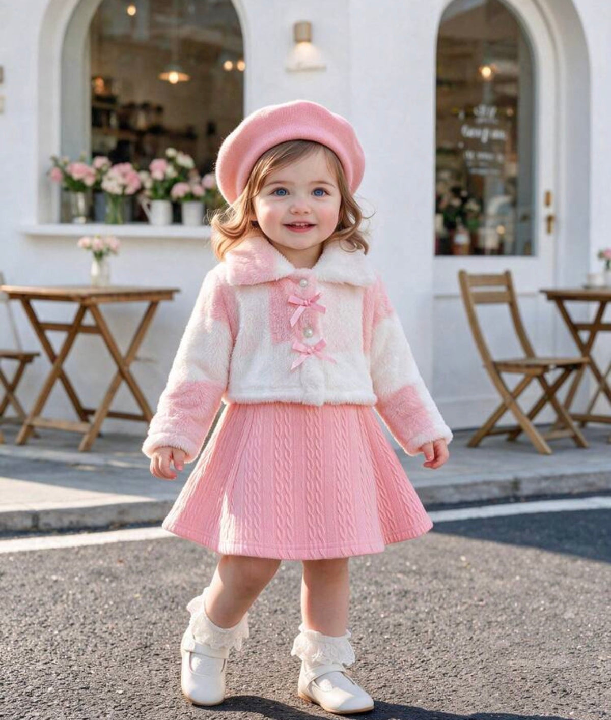 Winter Furry Long Sleeve Cardigan With 3D Bow And Lapel, Paired With Cami Dress, 2-Piece