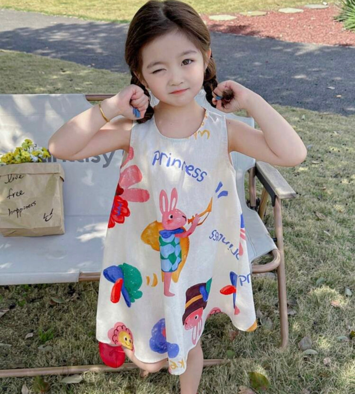 [100% Cotton] Sleeveless Cotton Cartoon Print A-Line Dress