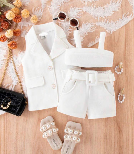 3Pieces  Cami Top & Belted Shorts & Vest Elegant Buttoned White Polyester Coat