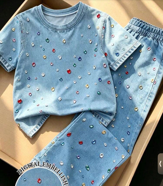 2pcs/Set Denim Effect Colorful Sequin Denim Short Sleeve T-Shirt + Long Pants