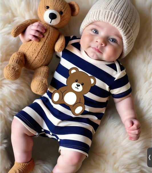Baby Boy Striped Bear Print Short Sleeve Romper