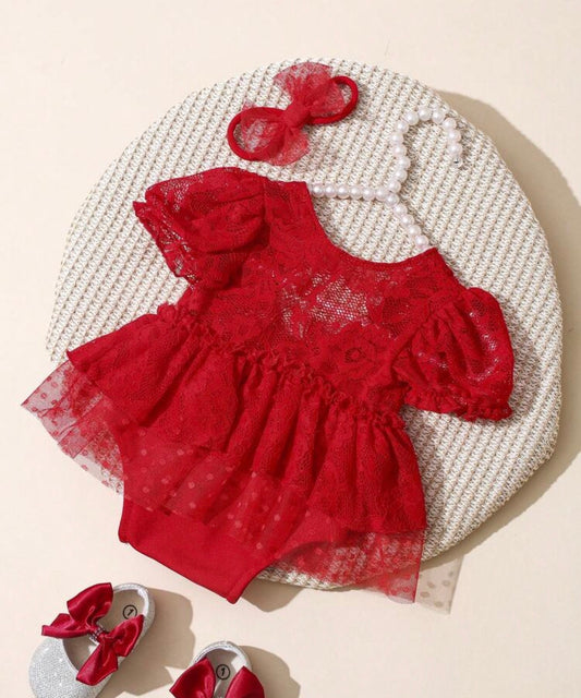 Newborn Baby Girl Red Lace Romper Photography Outfits