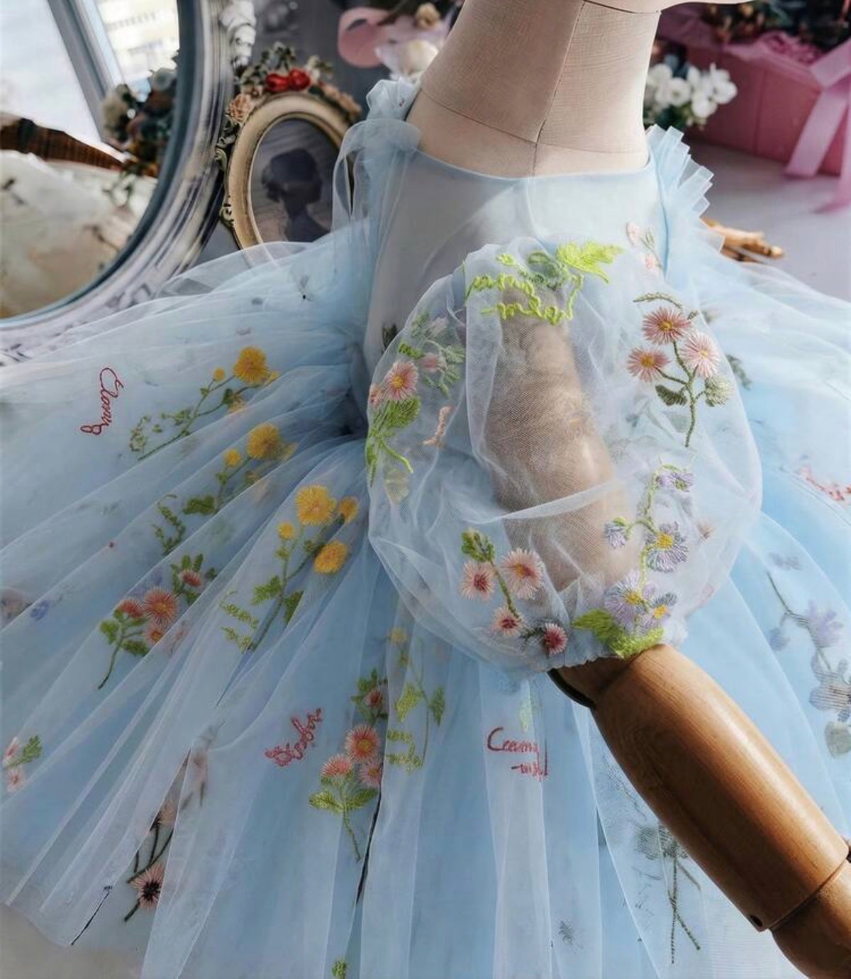 Embroidered Petal Sleeve Hollow Back Mesh Princess Dress