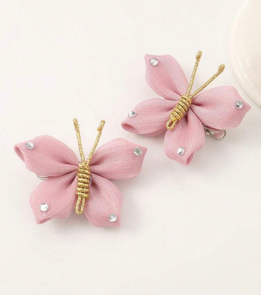 2pcs Girls' Pink Rhinestone Butterfly Hair Clips Set