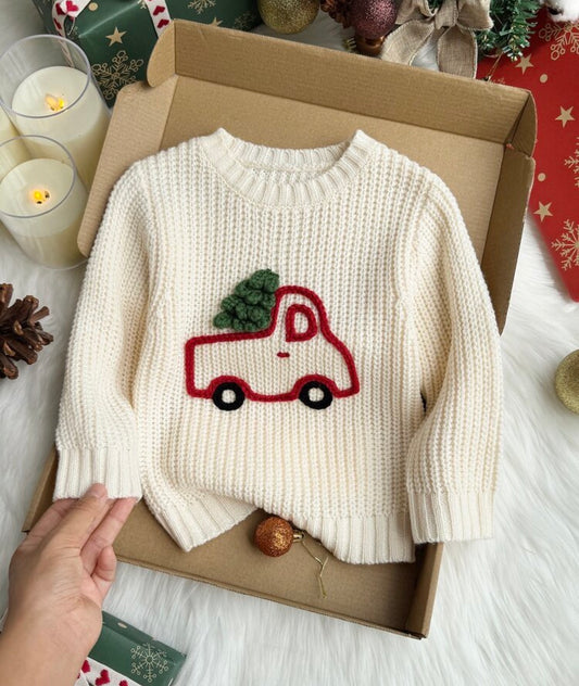 Red Truck Tree Ribbed Knit Long Sleeve Soft Thick Sweaters