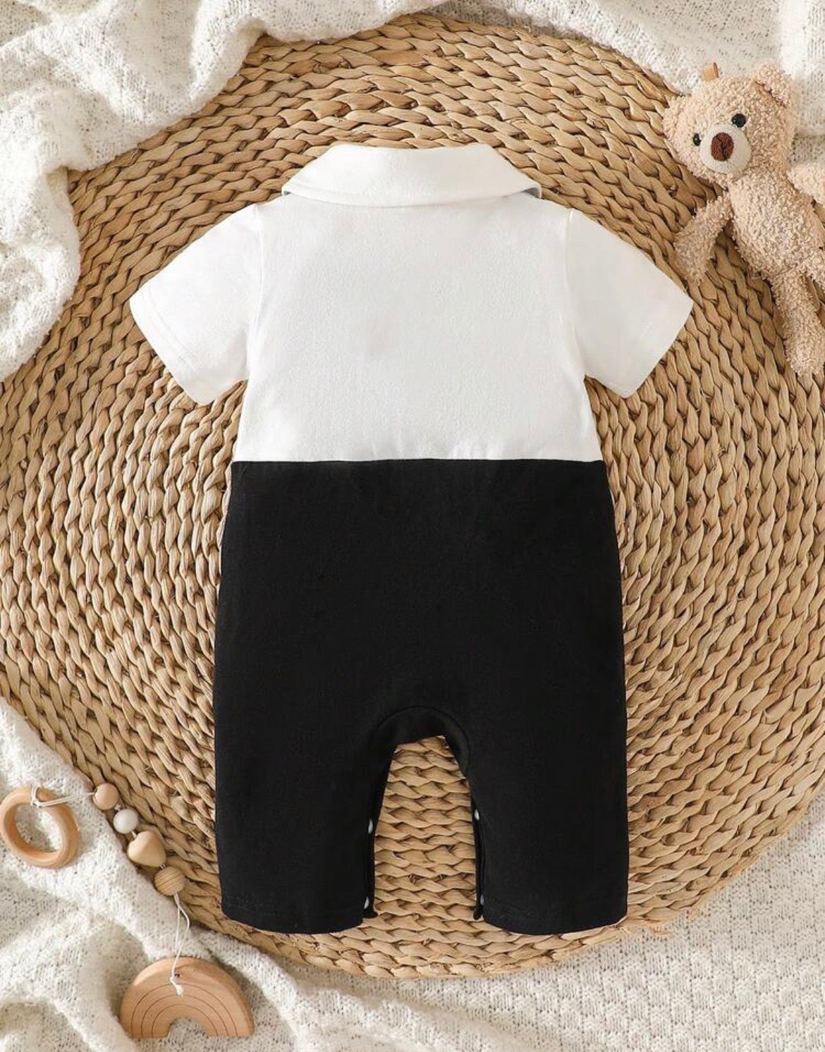 Romper Black And White With Bear & Bow Tie