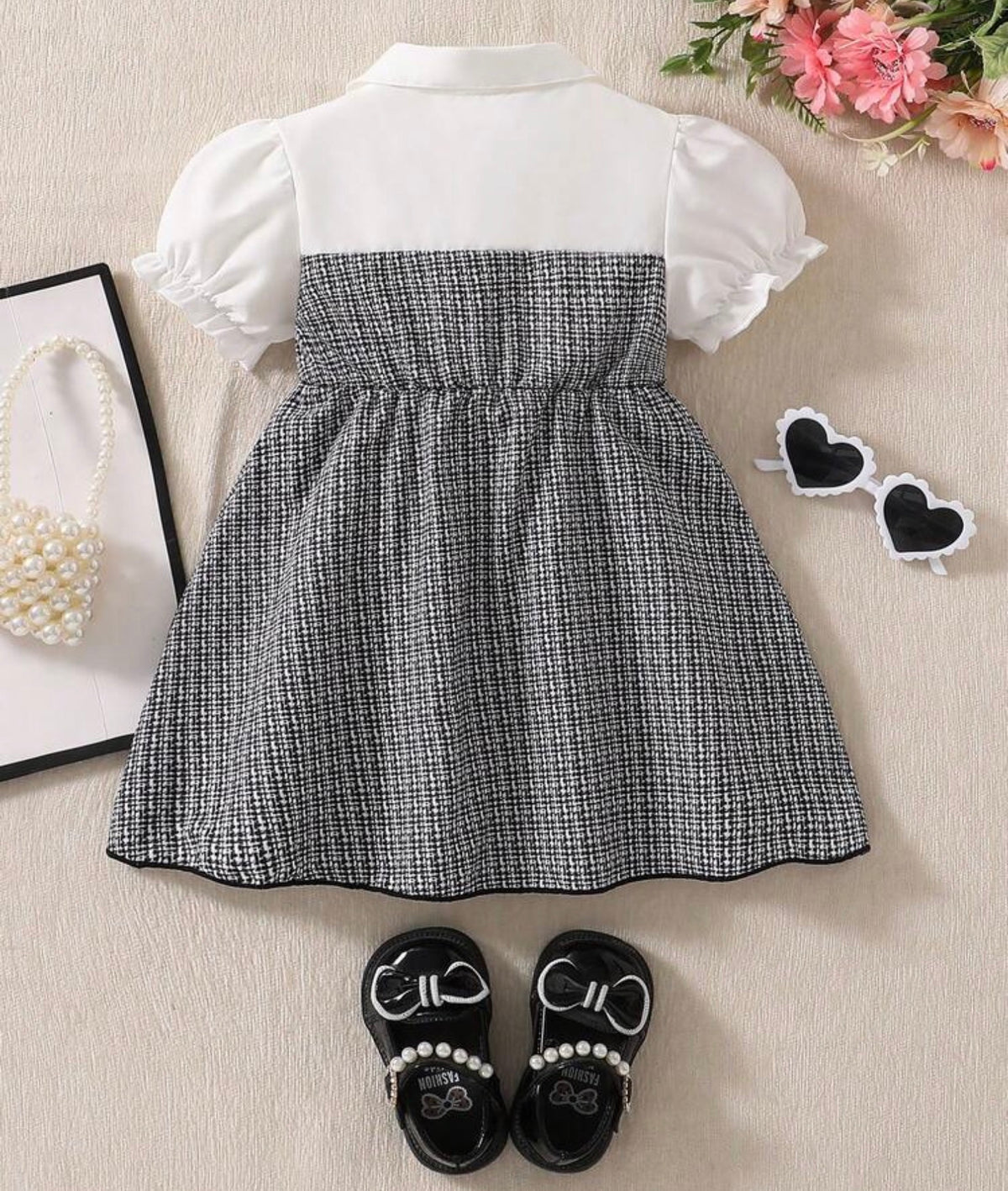 Black & White Plaid Main Color, Black Bow