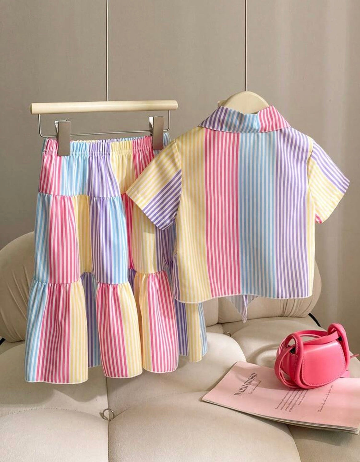 2pcs Set Dopamine Colorful Striped Pattern Knot Hem Collared Shirt And Long Skirt,
