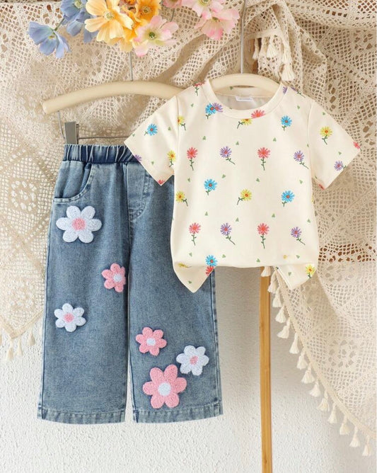2pcs Round Neck Short Sleeve T-Shirt Paired With 3D Embroidered Flower Denim Look Straight Leg Pants