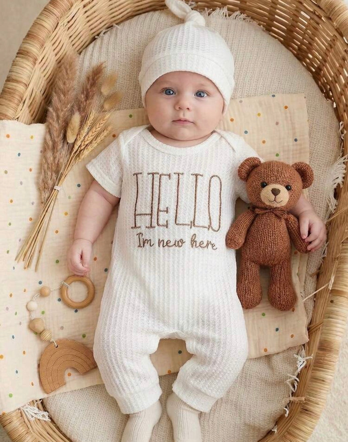 2pcs/Set Christening Jumpsuit Waffle Knit Short Sleeve Bodysuit&Hat