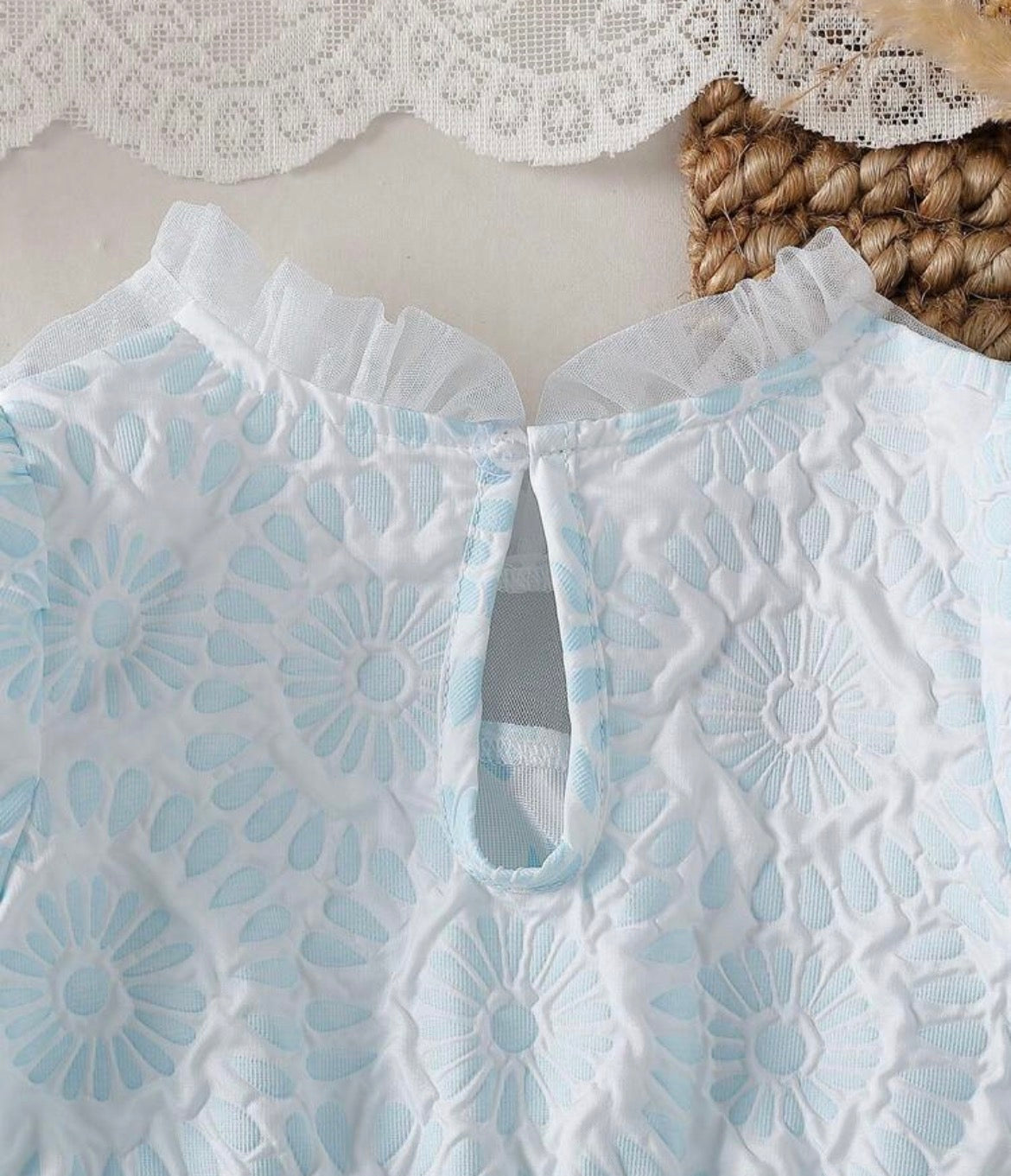 Vintaside Ruffle Collar Puff Sleeve Bow A-Line Dress,Light Blue And White Floral 3D Bow Detail Gown