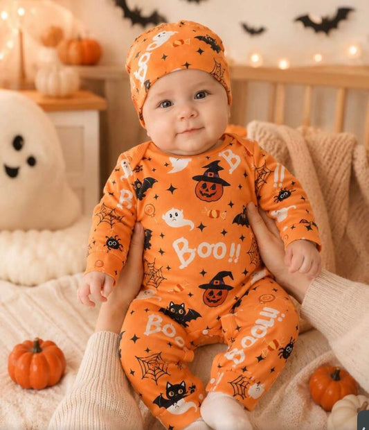 2pcs Toddler Newborn Baby Boy Ghost Pumpkin All-Over Print Halloween Party Crew Neck Long Sleeve Cuffed Jumpsuit With Hat