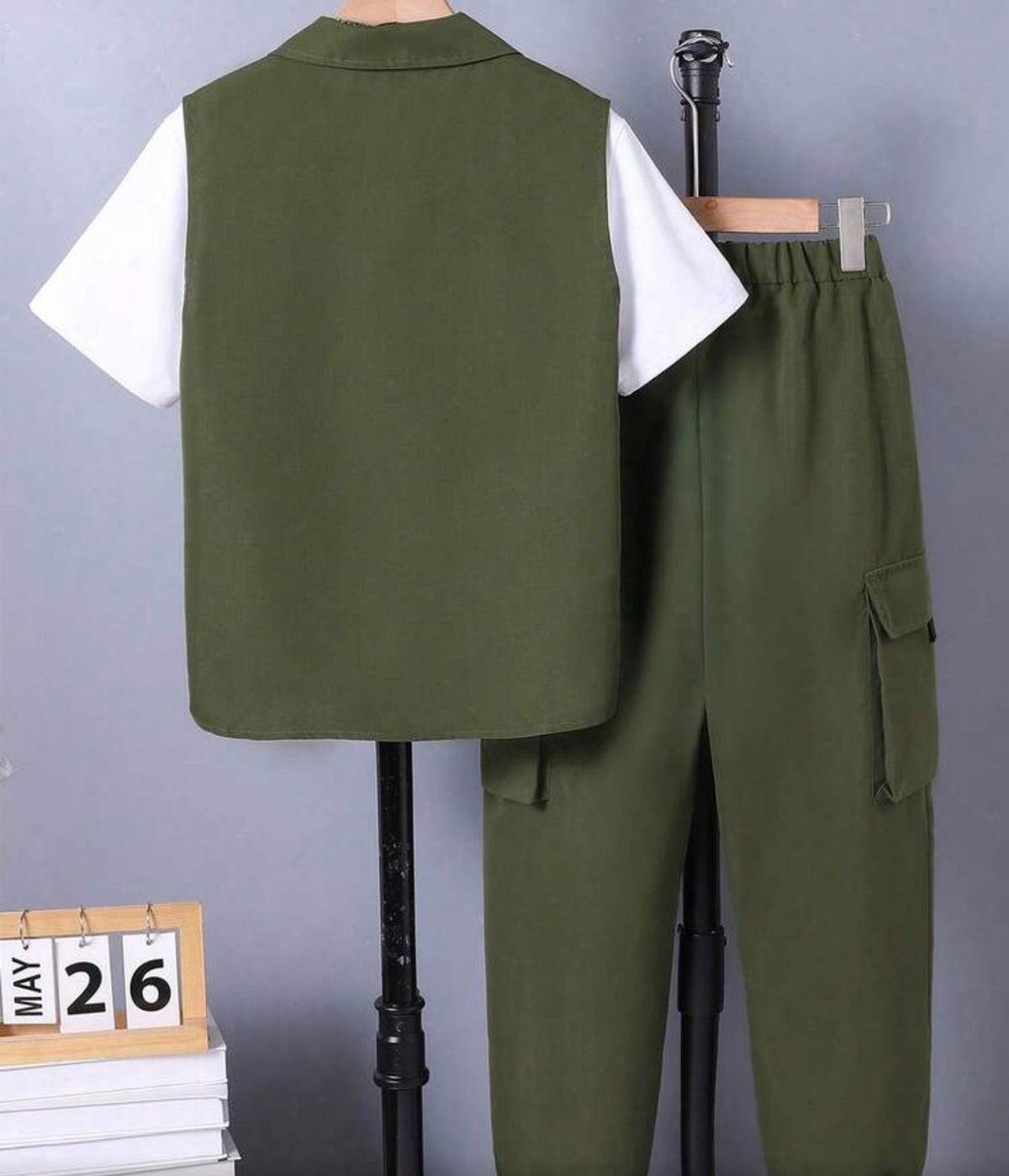 3pcs/Set Collar Waistcoat & Short Sleeve T-Shirt & Pocket Cargo Pants