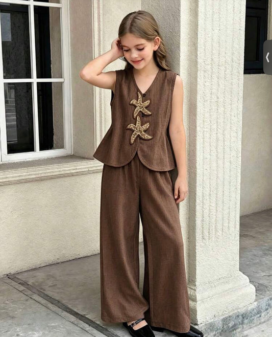 2pcs/Set V-Neck Vest Paired With Wide-Leg Pants