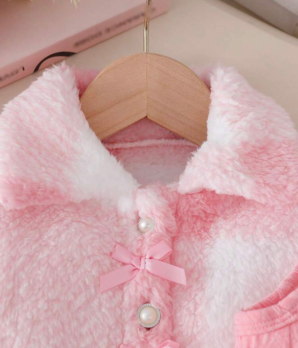 Winter Furry Long Sleeve Cardigan With 3D Bow And Lapel, Paired With Cami Dress, 2-Piece