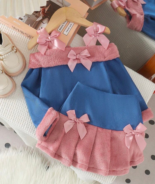 2pcs Vintage Bowknot Wide Strap Decor Plush Collar Off-Shoulder Top & Patchwork Pleated Mini Skirt Set