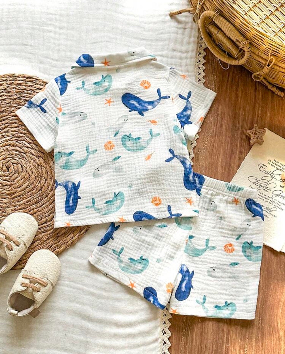 Dolphin Print Short Sleeve Button-Down Shirt And Shorts
