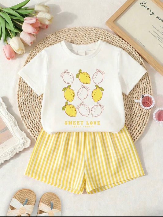 White Tee+Yellow & Striped Shorts