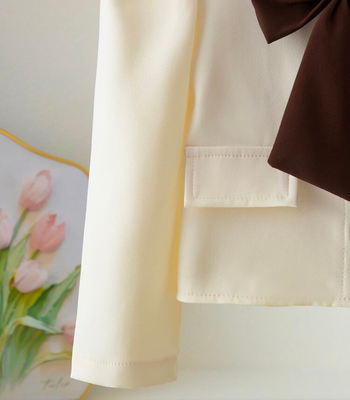 Off‑White Top With Big Brown Bow + Coffee Wide‑Leg Pants 2‑Piece Suit