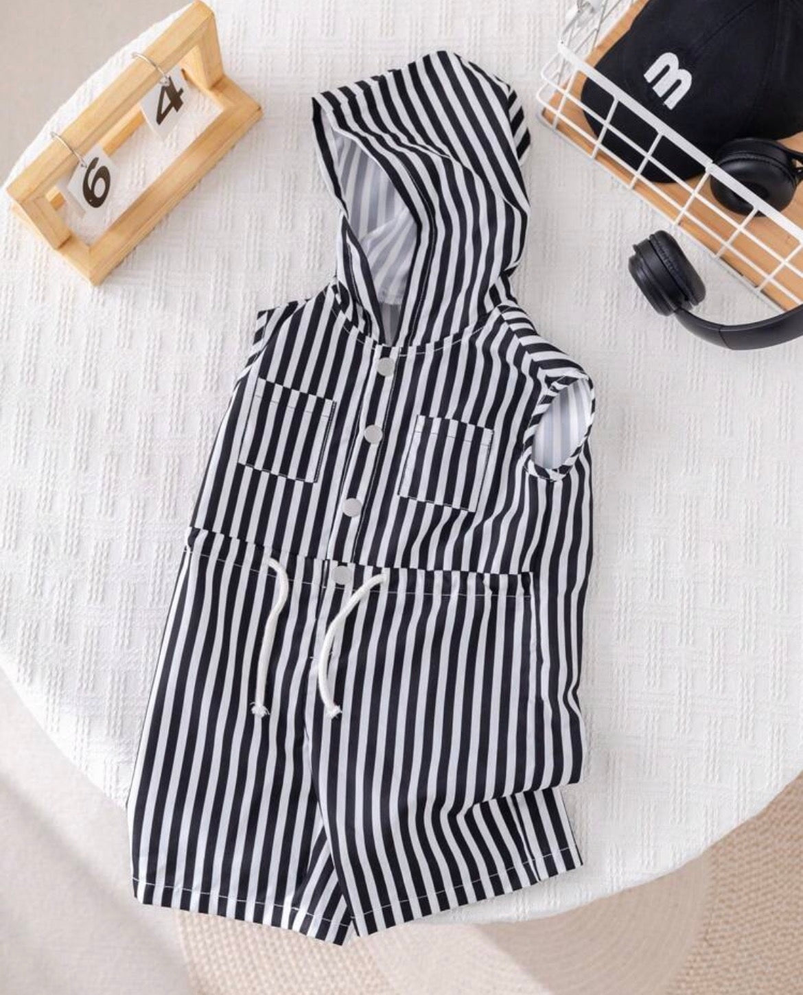 Casual Korea Style Black & White Striped Hooded Jumpsuit Striped Jumpsuit