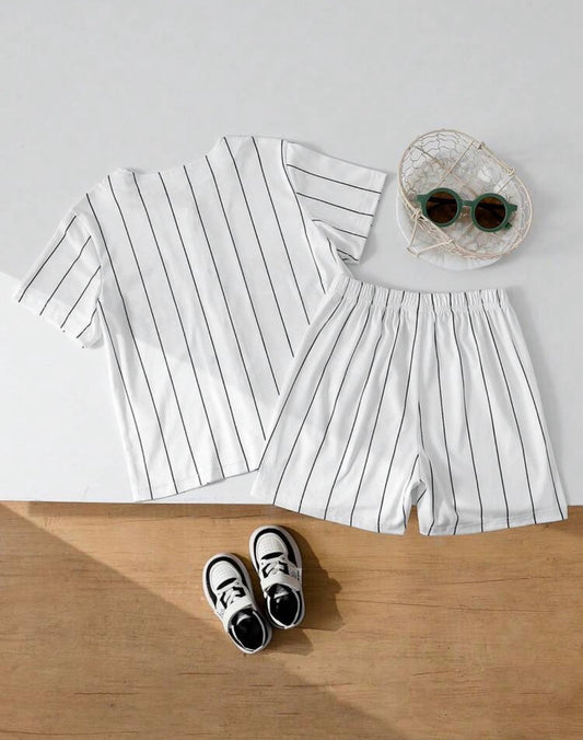 2pcs/Set Baseball Tee With   Ribbed Short Sleeve Top And Shorts Set