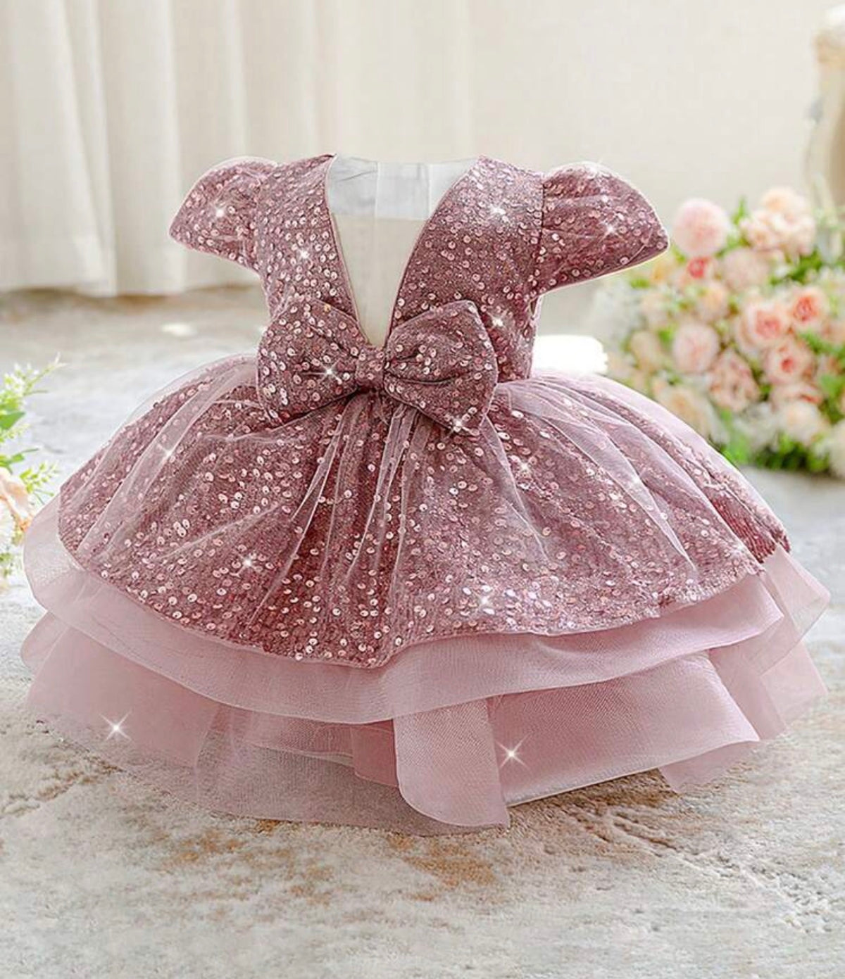 Baby Girls Short Sleeve Bow Sequin Tulle Cute Flower Girl Puff Dress