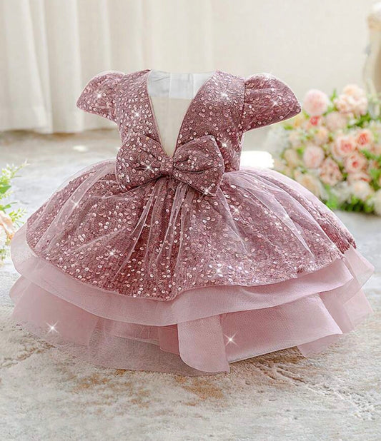 Baby Girls Short Sleeve Bow Sequin Tulle Cute Flower Girl Puff Dress