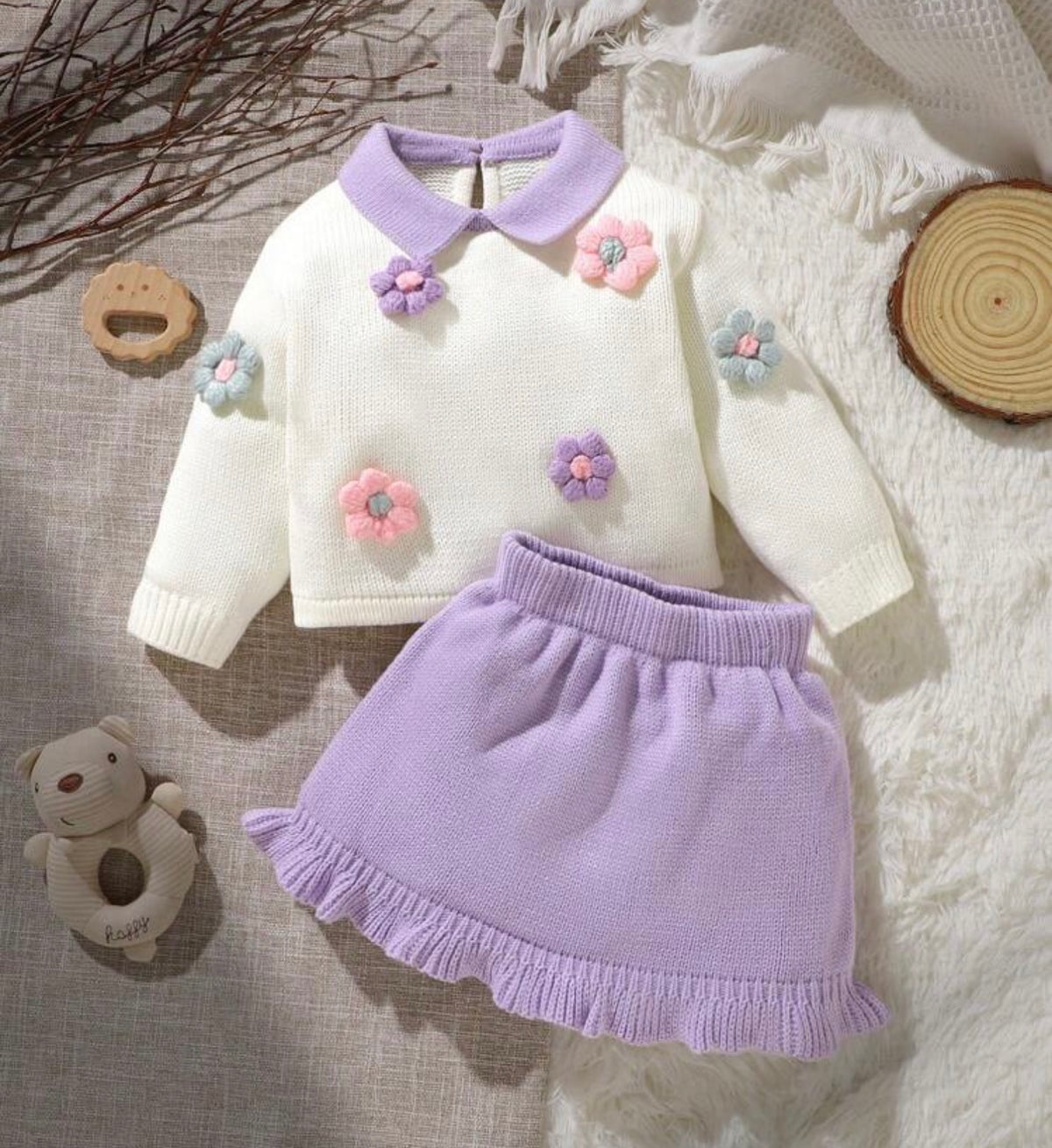 White Floral Purple Sweater Set,Long Sleeve Top With 3D Flower Pleated Skirt