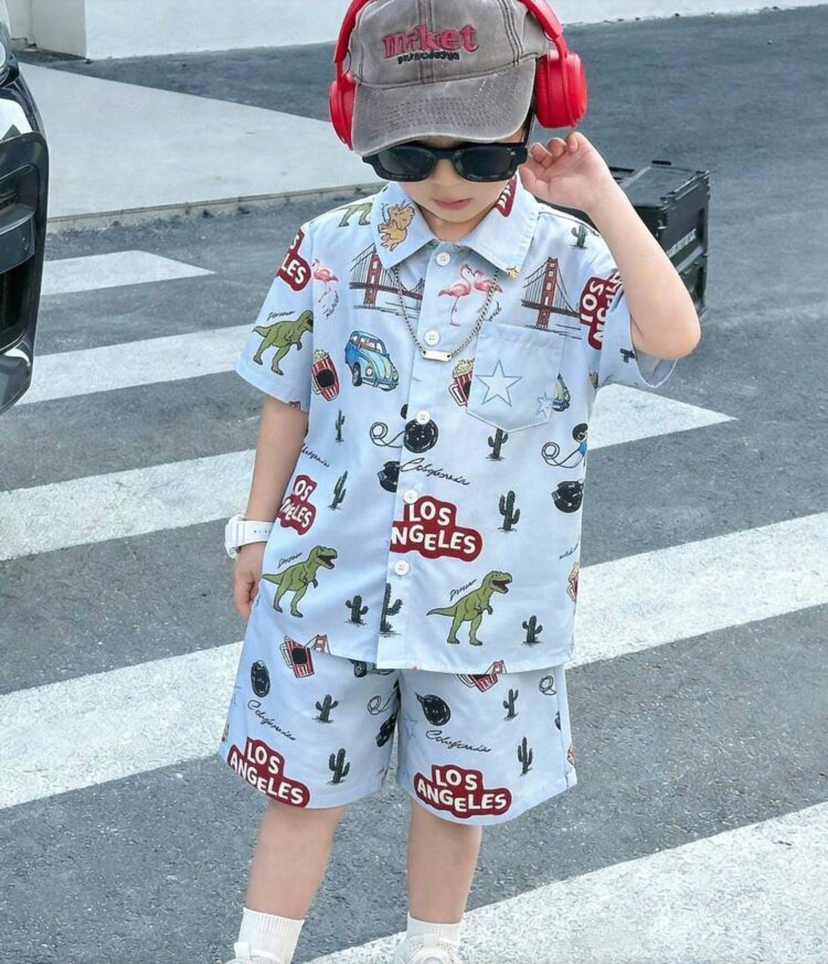 2pcs/Set Cartoon Pattern Polo Collar Short Sleeve Cardigan And Shorts