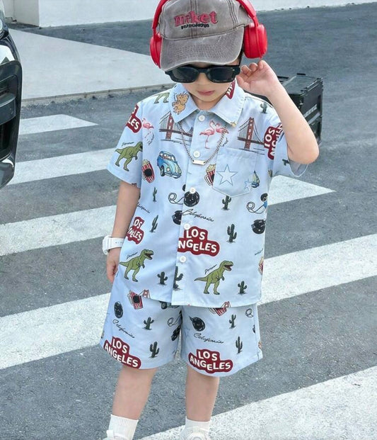 2pcs/Set Cartoon Pattern Polo Collar Short Sleeve Cardigan And Shorts