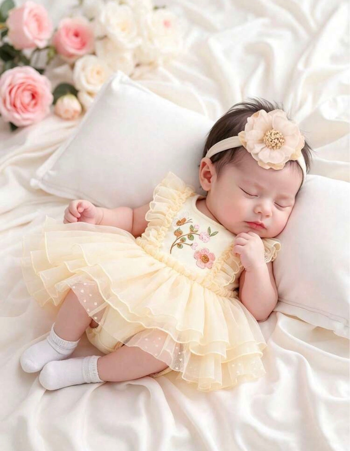 Newborn Baby Floral Embroidered Romper With Headband