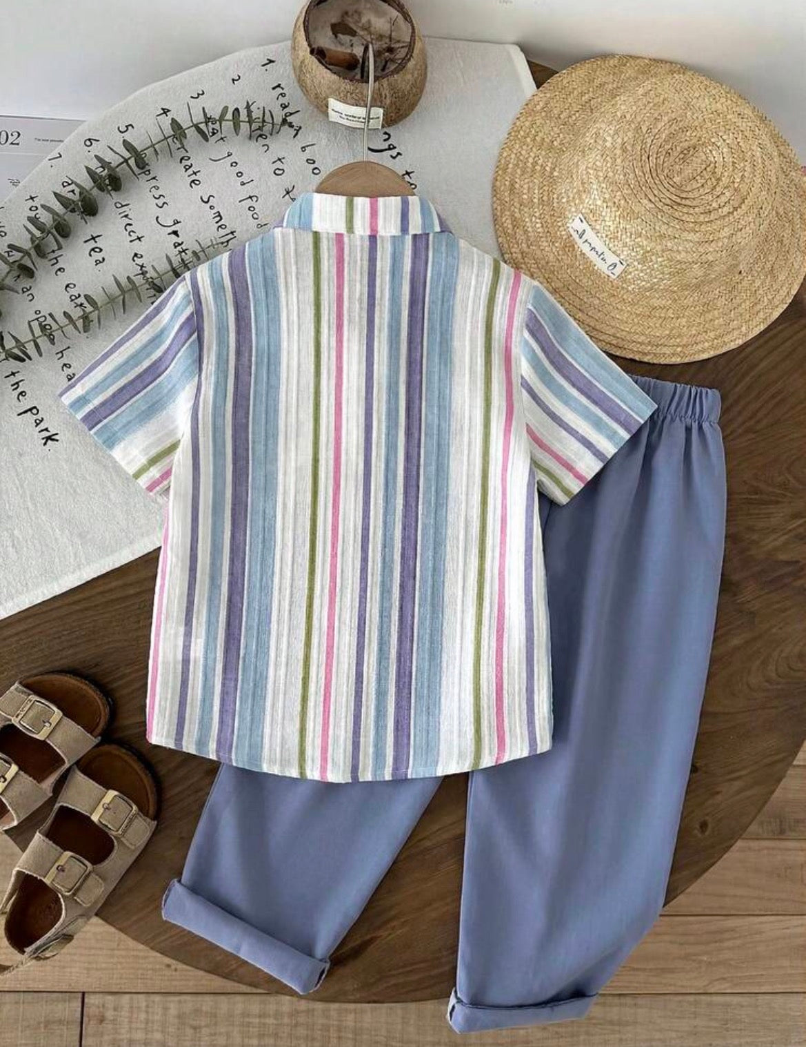 LMoss Woven Solid Color Casual Shirt And Striped Long Pants 2 Pieces Set