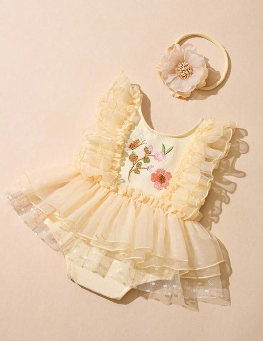Newborn Baby Floral Embroidered Romper With Headband