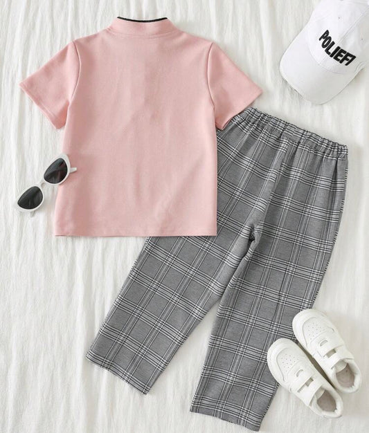 2pcs/Set Pink Polo Shirt & Plaid Shorts