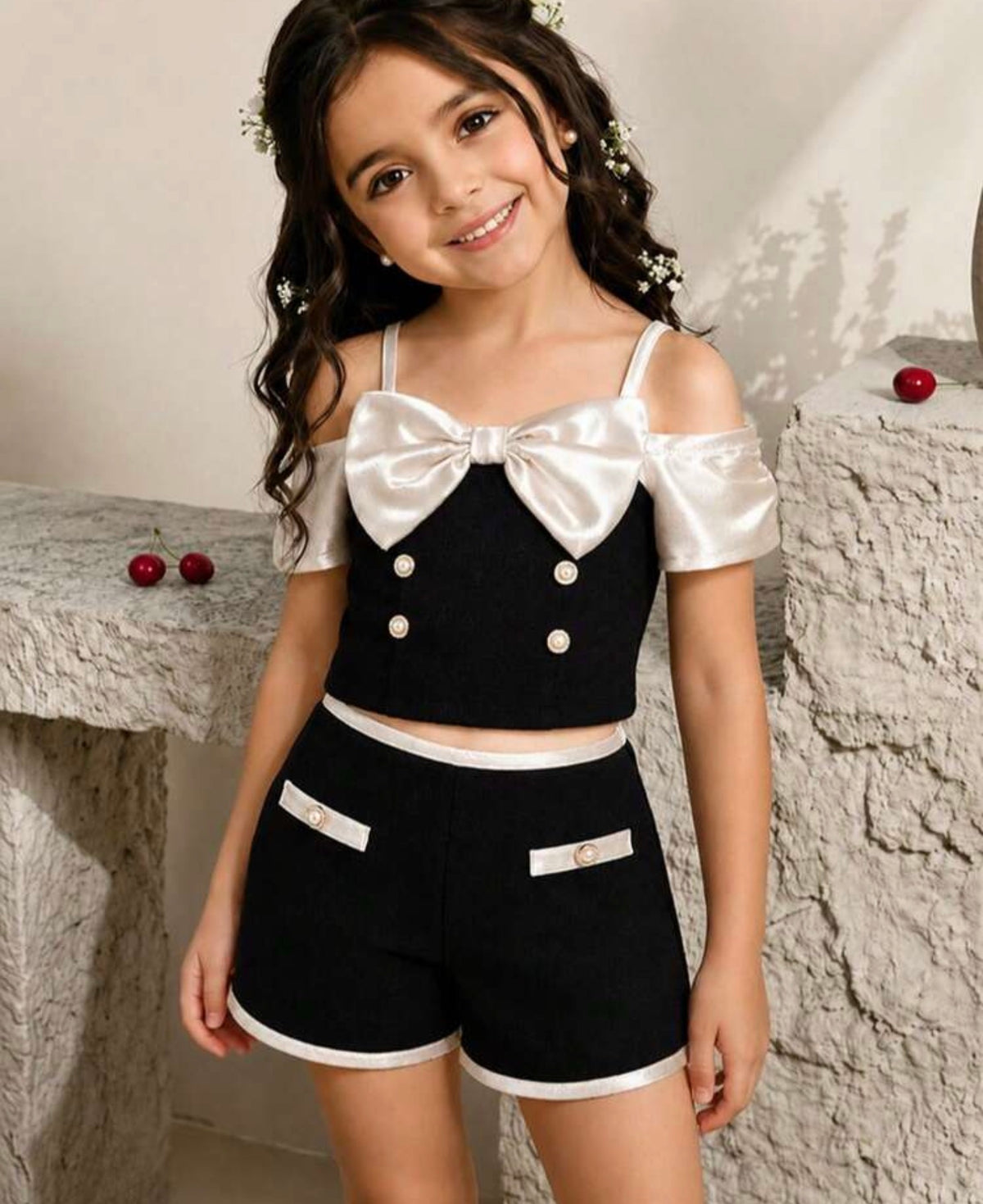 2pcs/Set Satin Bow Camisole Top And Colorblock Shorts
