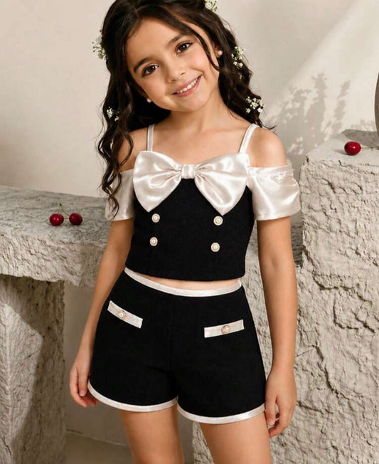 2pcs/Set Satin Bow Camisole Top And Colorblock Shorts