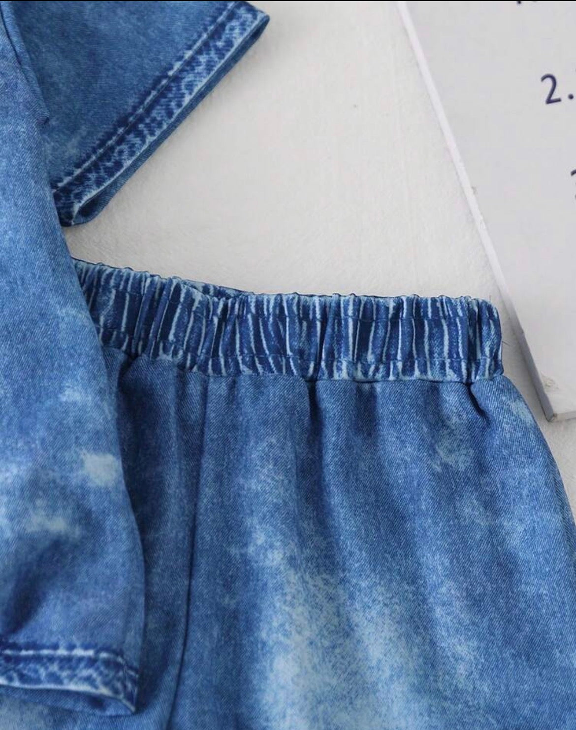 2pcs Denim Print Polo Collar Short Sleeve Shirt And Shorts