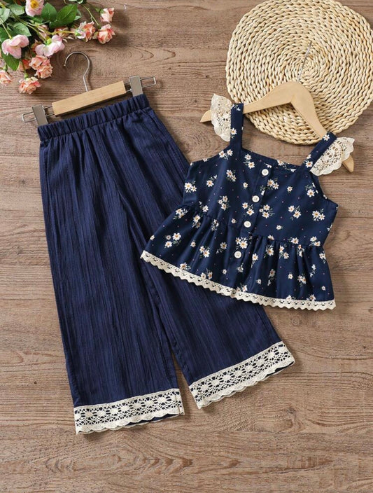 Ditsy Floral Cap Sleeve Top And Wide Leg Pants Summer Set