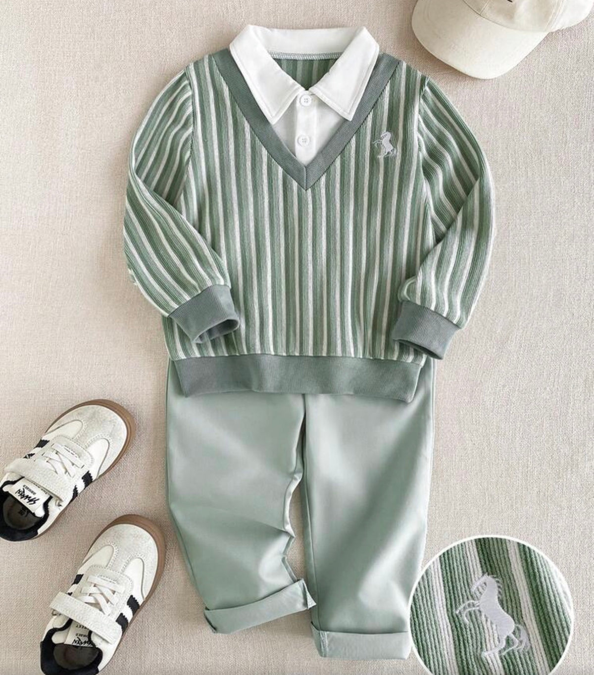 2pcs Long Sleeve Polo Top Paired With Khaki Casual Long Pants,