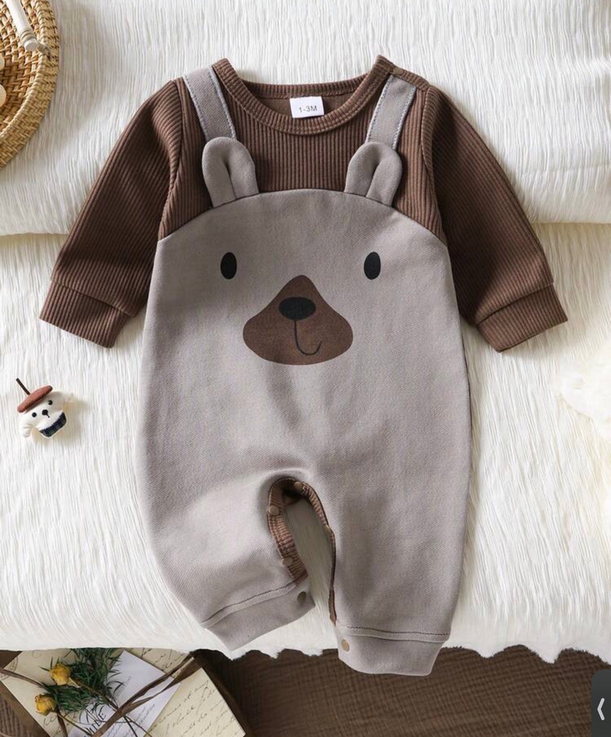 1pc Newborn Baby Cute Bear Jumpsuit, Long Sleeve Jumpsuit With Suspender Design